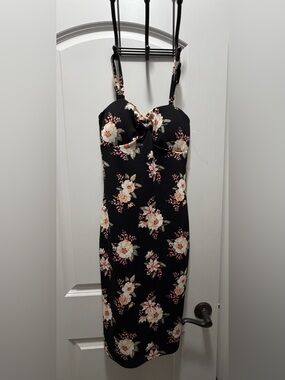 No Boundaries Black Floral Midi Dress with Tie-Front